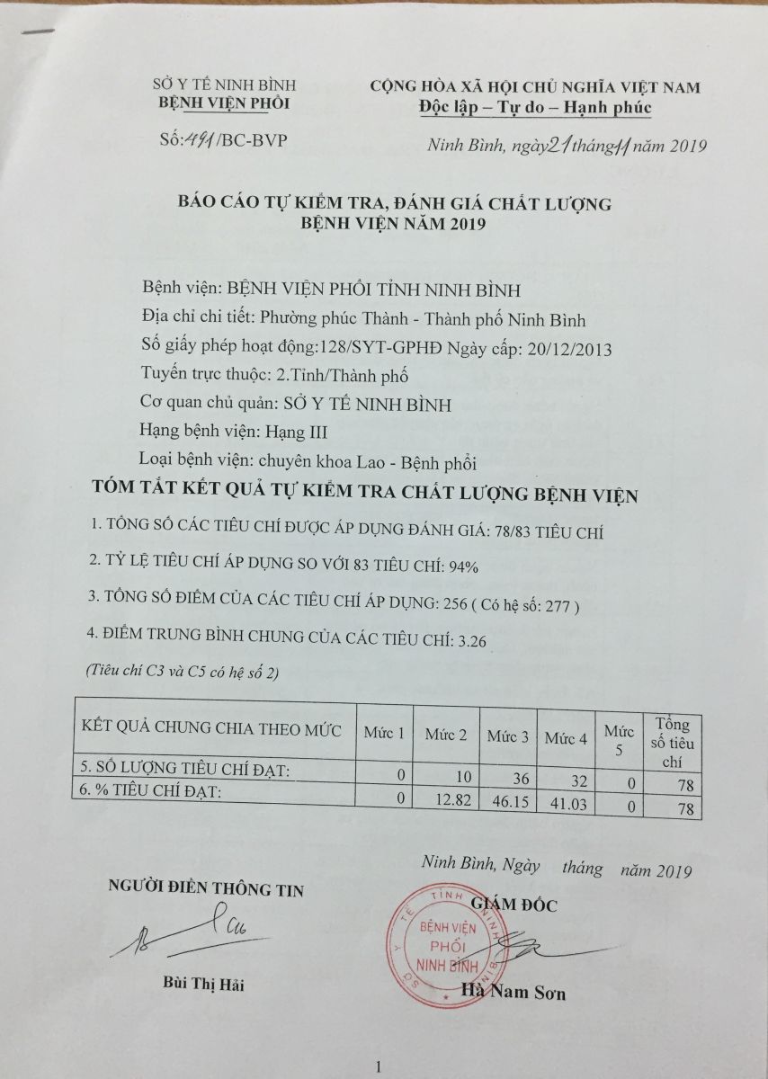 BÁO CÁO TỰ KIỂM TRA, ĐÁNH GIÁ CHẤT LƯỢNG BỆNH VIỆN NĂM 2019